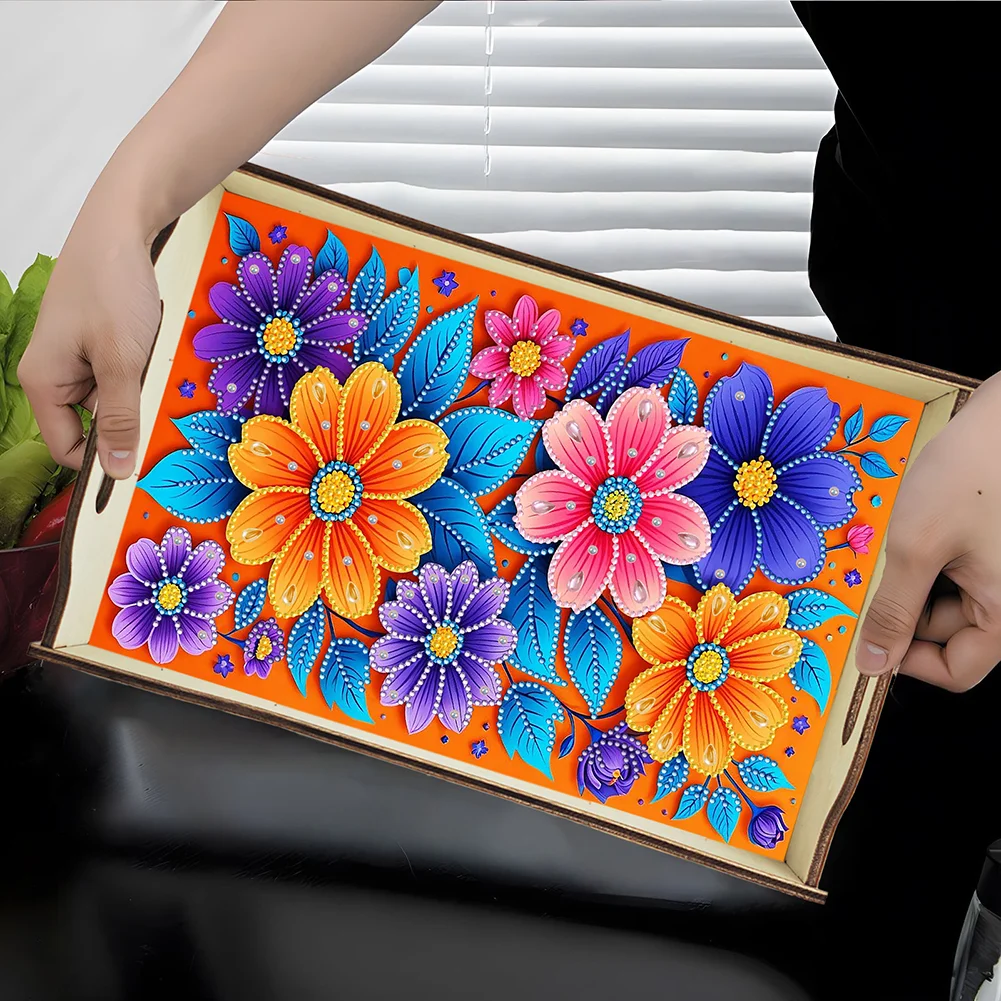 DIY Diamond Painted Dining Plate with Handle Wooden Food Tray Home Decor Gift