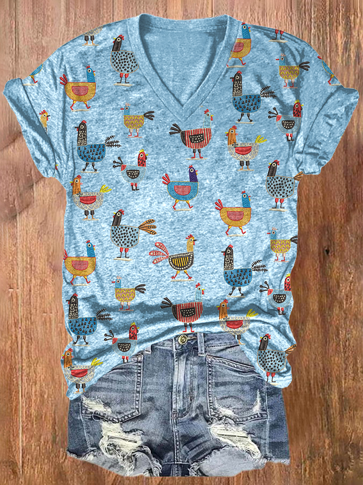 Comstylish Funny Farm Chicken Print V-neck Casual Cotton T-shirt