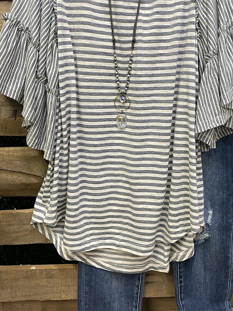 Women Half Sleeve Scoop Neck Striped Stitching Tops