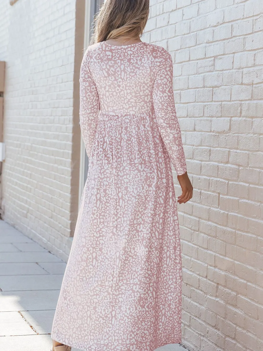 Leopard Print High Waist Maxi Dress with Long Sleeves and Pockets