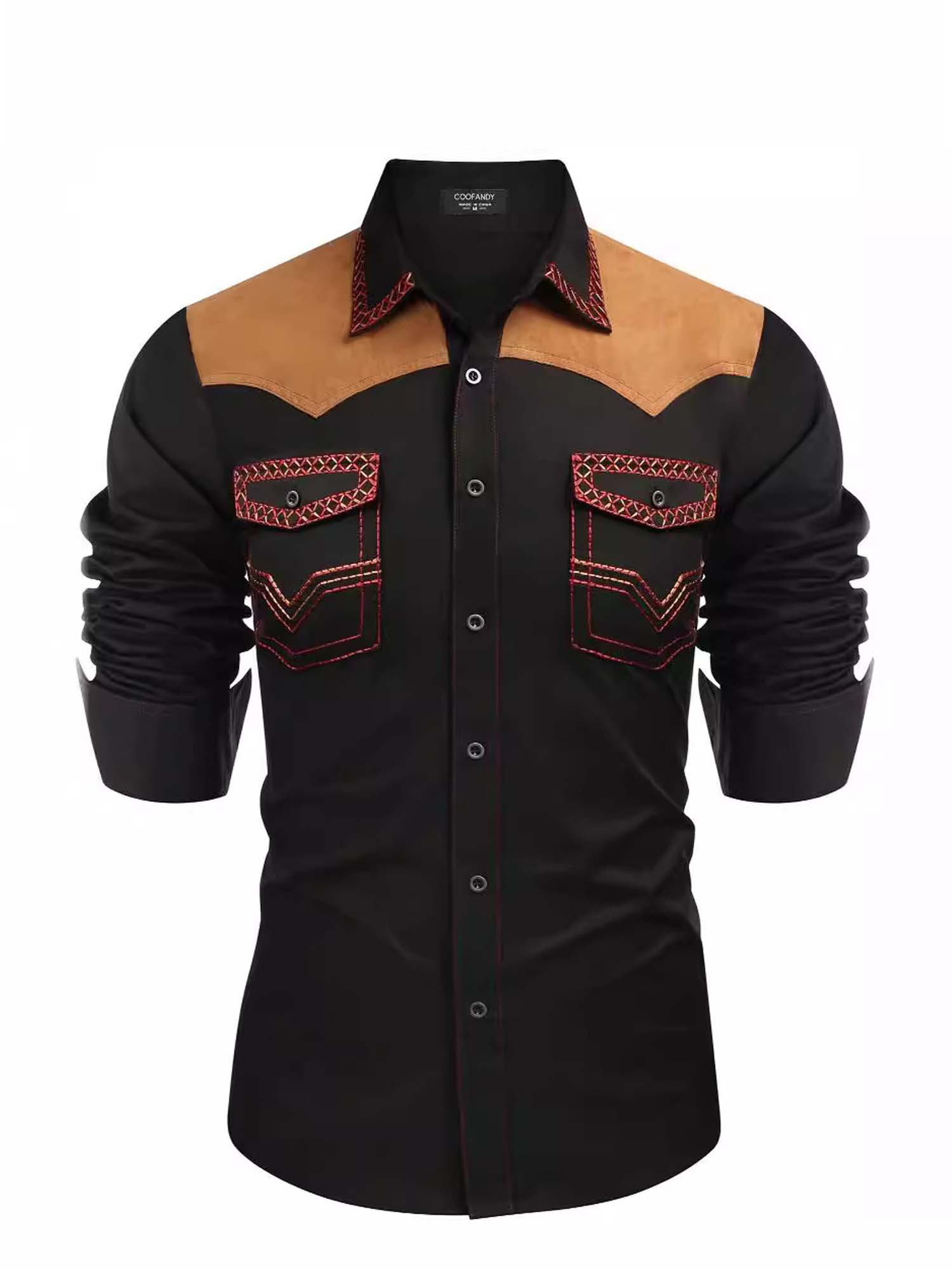 Embroidered Colorblock Western Cowboy - Cotton Blend Long Sleeves Shirt