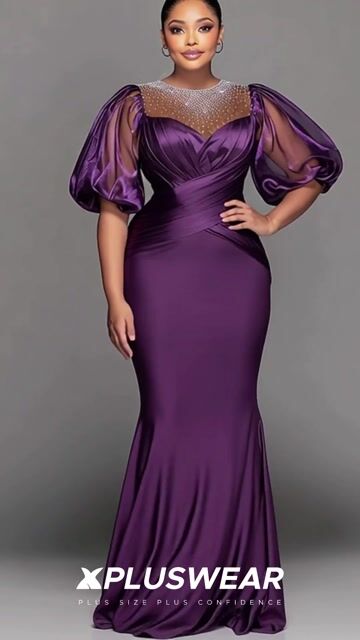 Xpluswear Design Plus Size Formal Organza Purple Round Neck Puff Sleeve Short Sleeve Drilling See Through Satin Maxi Dresses 2024 - Xpluswear