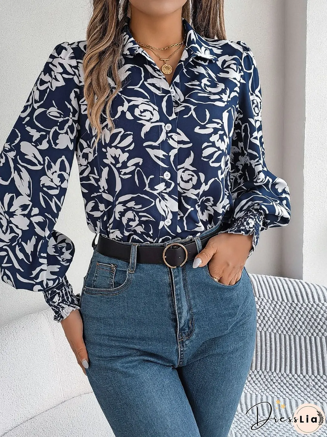 Printed Collared Neck Lantern Sleeve Shirt