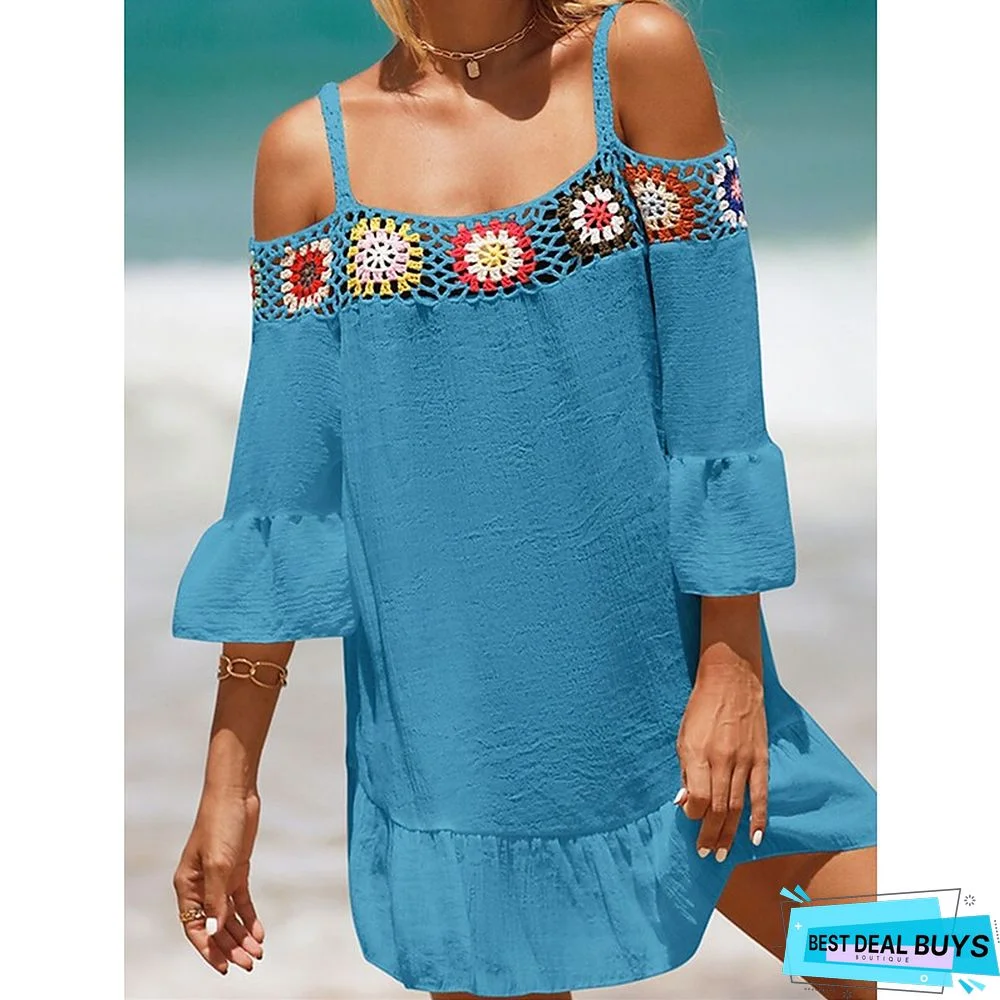 Women's Cover Up Beach Dress Beach Wear Mini Dress Ruffle Backless Ethnic Casual Floral Spaghetti Strap 3/4 Length Sleeve Loose Fit Outdoor Daily Black White 2023 Spring Summer One Size