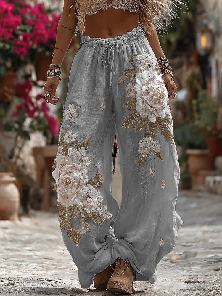 Women's Vintage Romantic White Rose Embroidery Art Comfy Linen Pants
