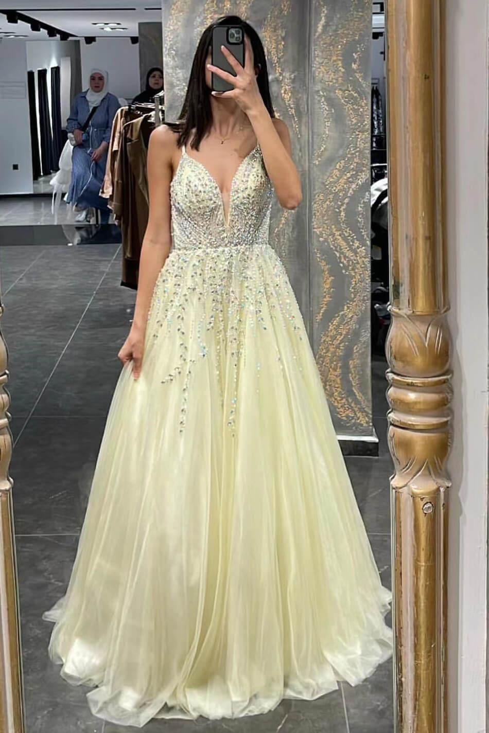 Oknass Daffodil Tulle Spaghetti-Straps Prom Dress A Line With Beadings