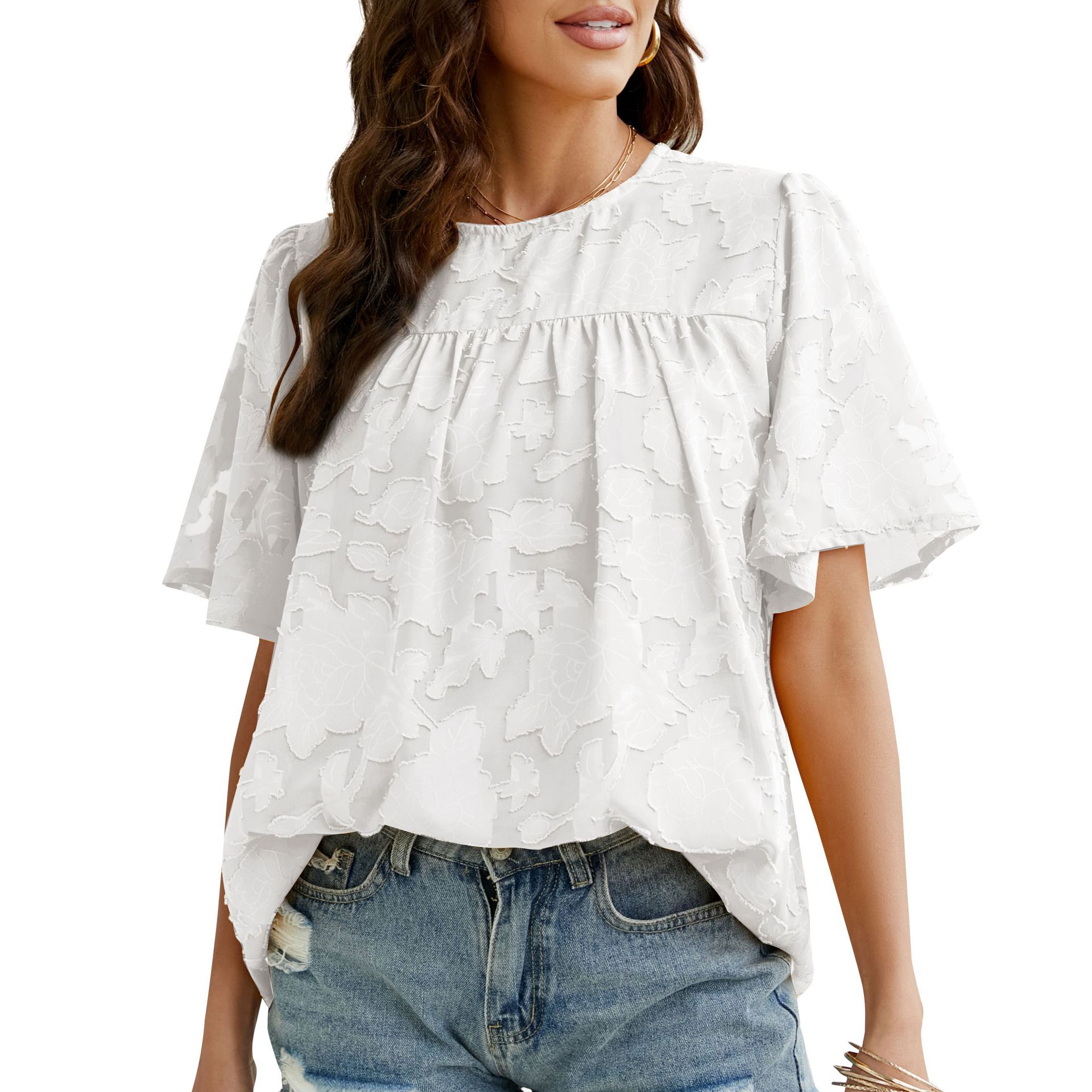 Women Chiffon Tops Flared Sleeves Round Neck Lace Floral T-shirts