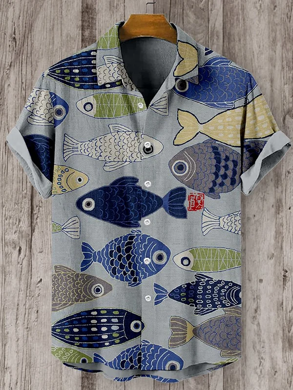 Men's Ocean Fish Art Print Short Sleeve Linen Blend Shirt