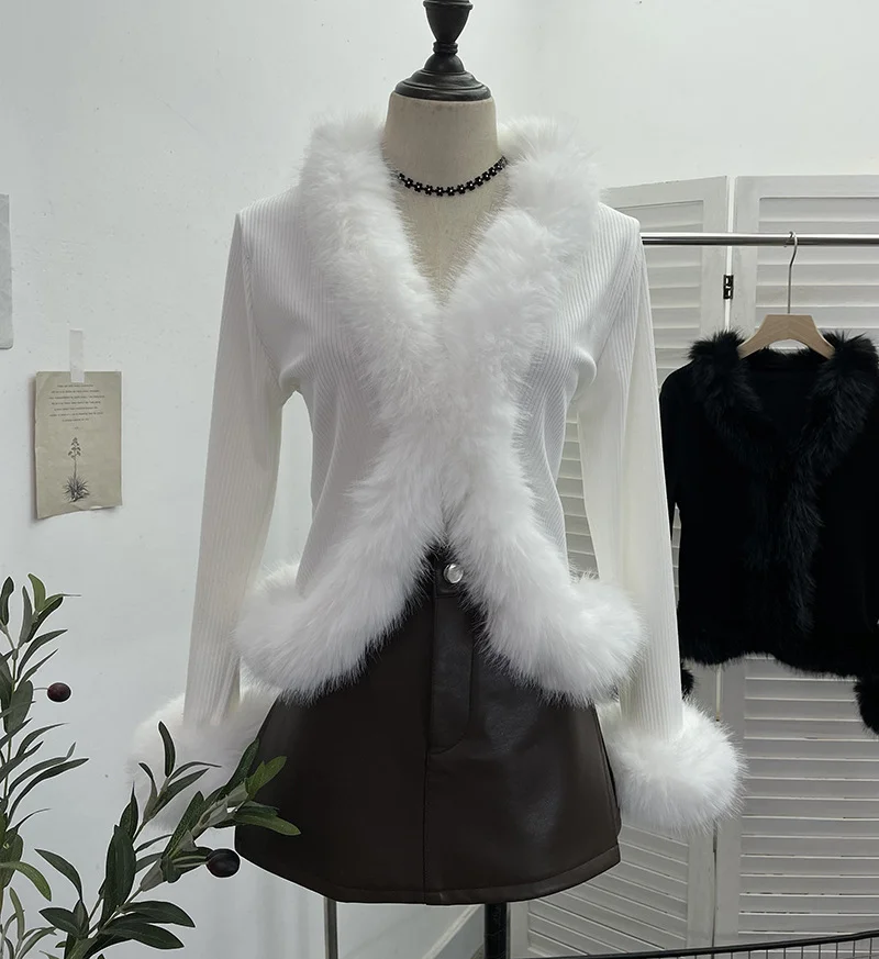 Uveng Real Shooting Babes V Collar Hair Spliced Knitted Cardigan Women Autumn And Winter Decoration Slim Coat Temperament Coat 2676