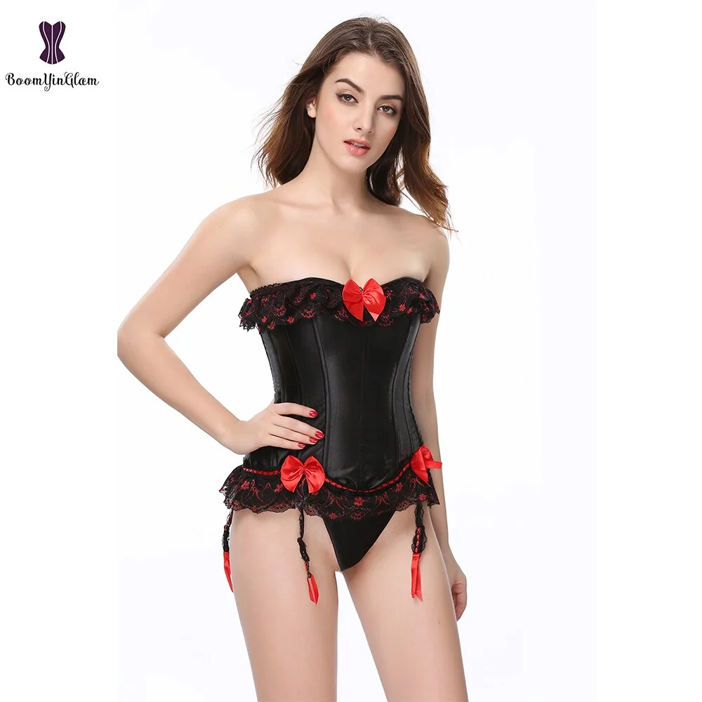 Billionm Sexy Lingerie Erotic Corselet Floral Lace Trim Tassel Boned Corset Bustier With Suspender Belts Plus Size 8069#