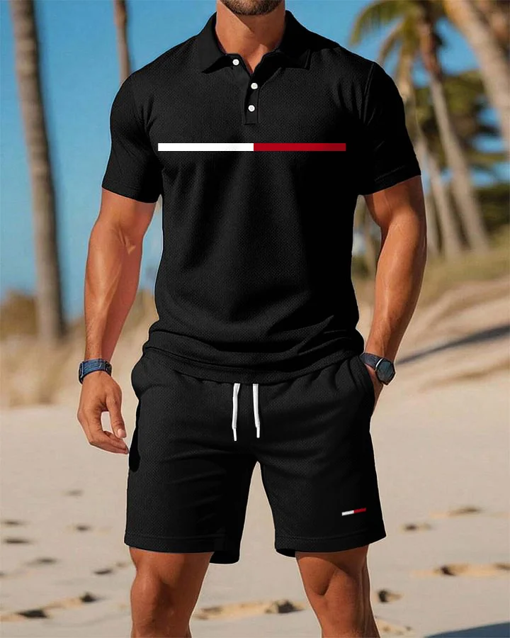 A Calm Black Color Scheme Combined With A Personalized Striped Print POLO Shirt Set