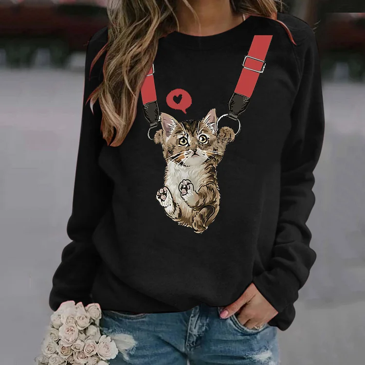 Women's Top Cute Cat Print Crew Neck Long Sleeve T-Shirt
