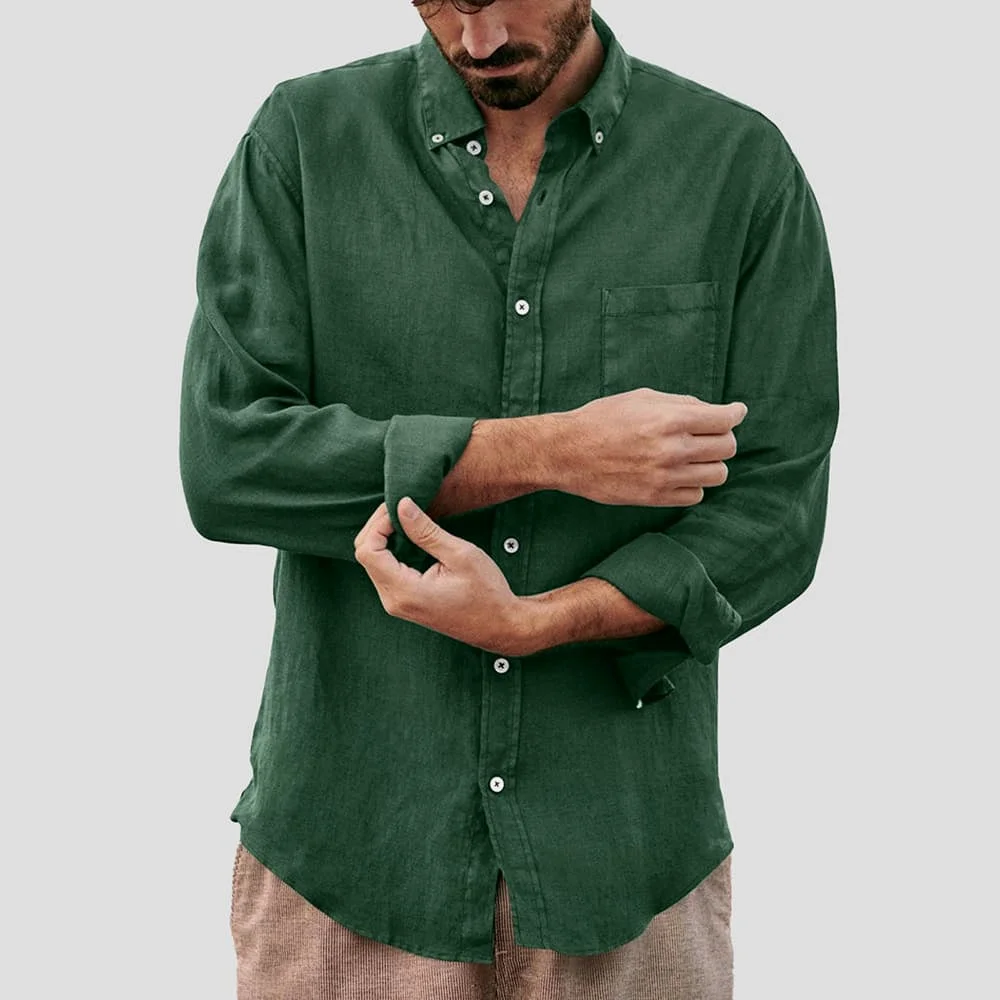 Solid Color Casual Cotton Linen Long Sleeves Loose Men's Shirt