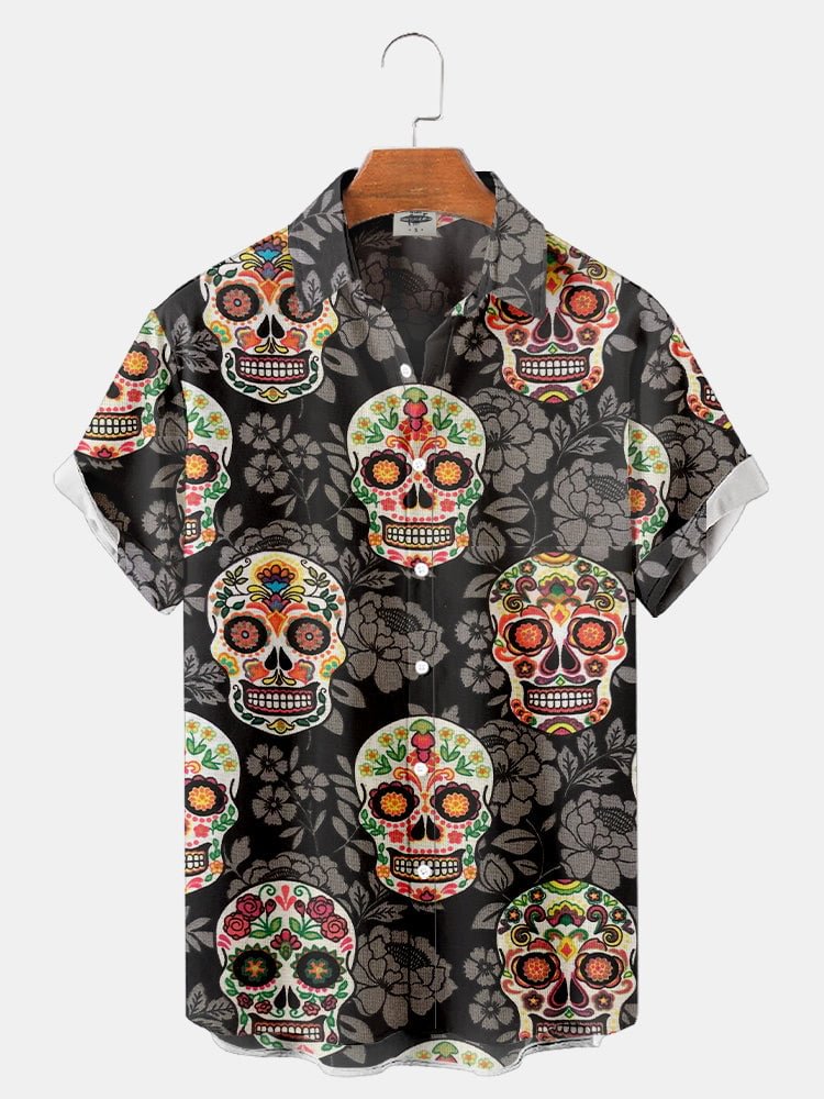 Day Of The Dead Skull Floral Short Sleeve Shirt
