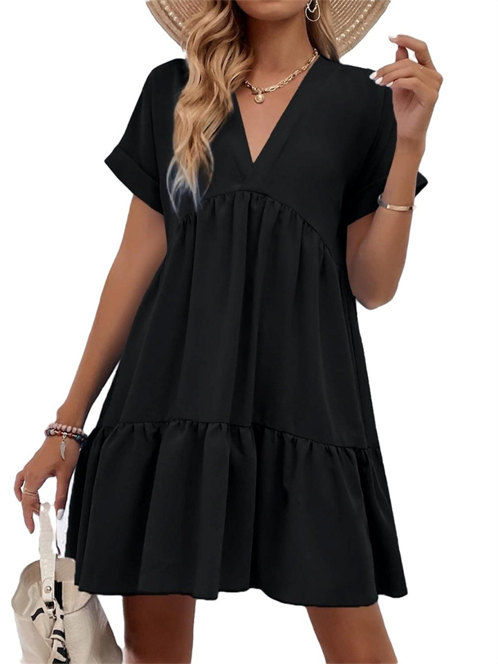 Women's Summer New Ladies Ruffled Hem Solid Color V-neck Short-sleeved Dresses