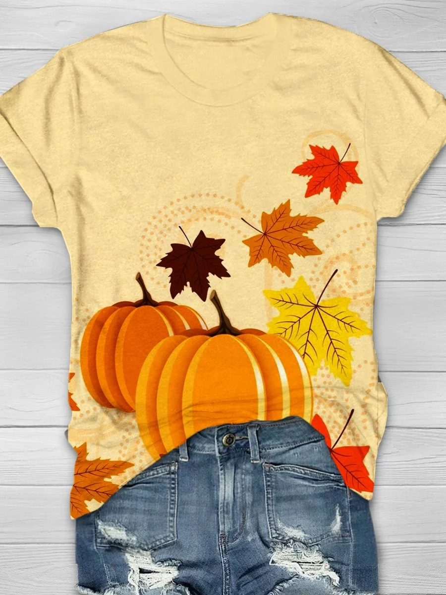 Pumpkin Maple Leaf Vintage Print T-Shirt