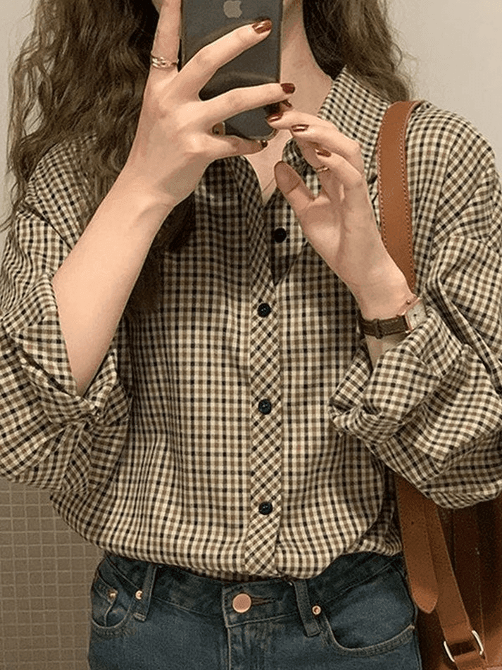 Brownm Vintage Long Sleeve Checkered Blouse