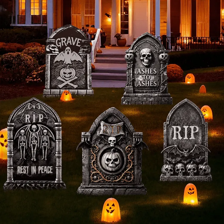 PayUSD Halloween Decorations Outdoor 5 Pack Gravestone Yard Signs Large Halloween Tombstones Cemetery Headstones Scary Lawn Decor for Party & Home Garden with Waterproof