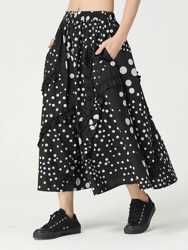 Urban Asymmetric Split-Joint Polka-Dot Printed A-Line Skirt