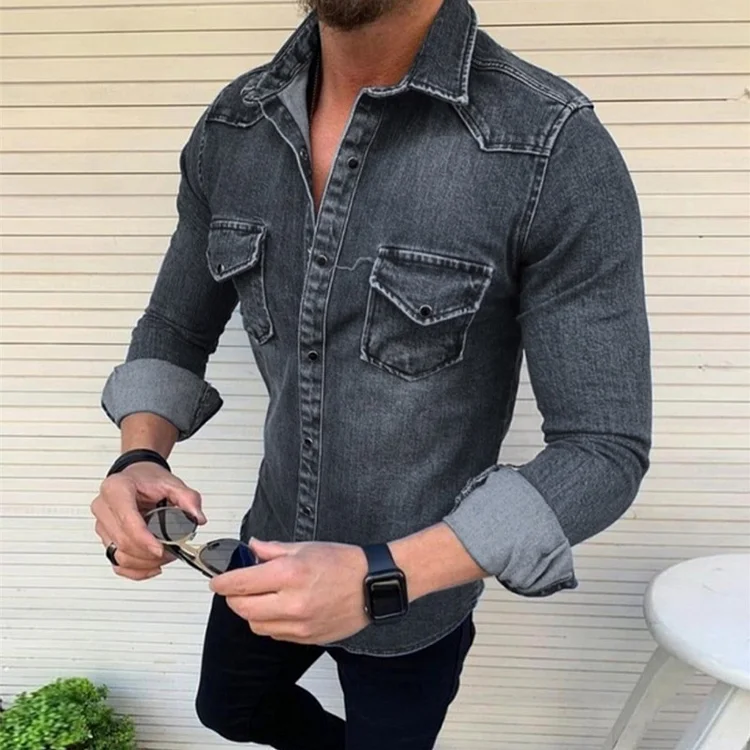 Men's Casual Daily Denim Turndown Collar Button Pocket Long Sleeve Shirt