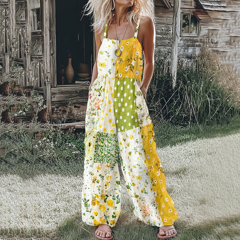 Comstylish Women's Farm Floral Patchwork Contrasting Colors Linen Print Jumpsuit