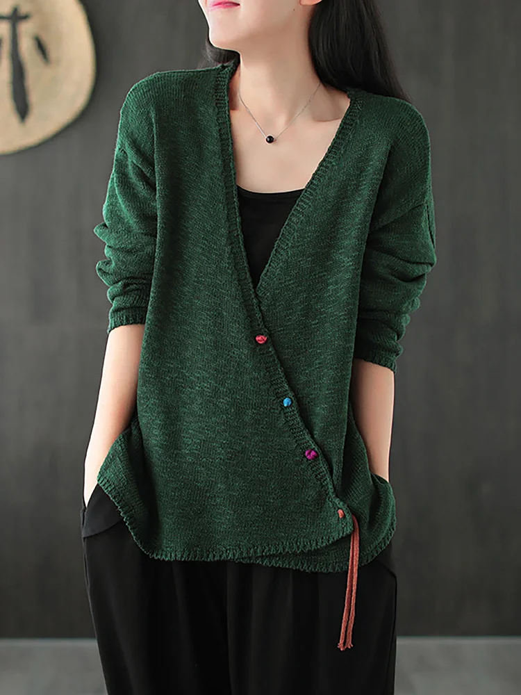 Plus Size - Women Knitted Retro Pure Color V-neck Sweater Coat