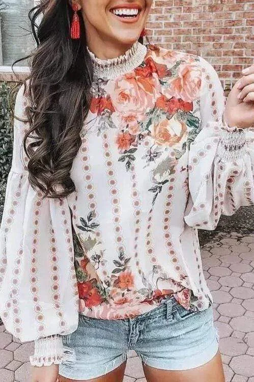 Chiffon Printed Lantern Sleeve Shirt