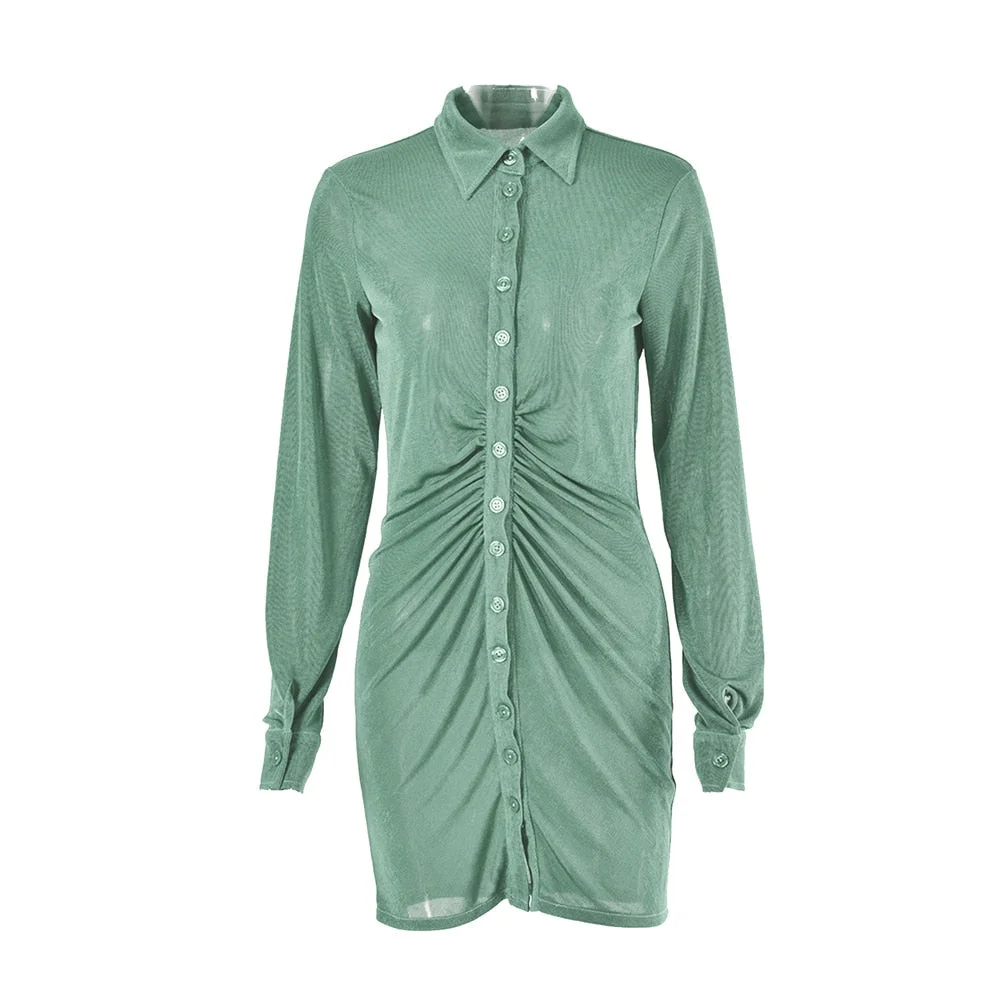 wsevypo Autumn Office Lady Solid Color Mini Shirts Dress Party Vestidos Women's Long Sleeev Button down Ruched Bodycon Dress