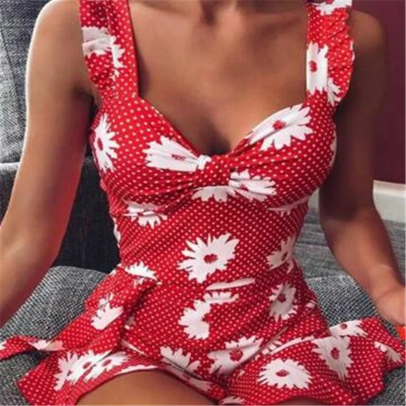 V Neck Summer Women Dress Flower Dots Print Ruffles Tie Sleeveless Dress Women Bohemian Style Mini Dress