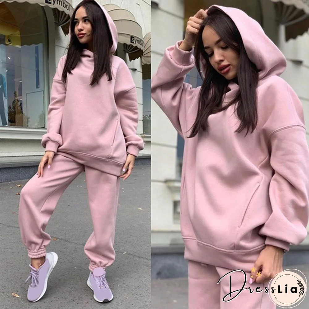 Women Hoodies Two Piece Set Long Sleeve Solid Casual Pocket Sweater Suit Spring Elastic Sport Pants Female Tracksuit