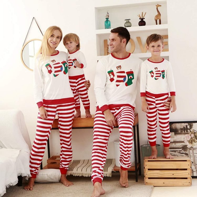 Christmas Sock Print Top and Striped Pants Family Matching Pajamas Set