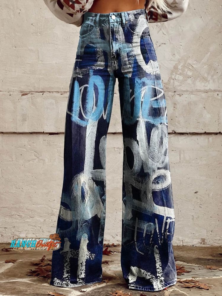 Women’s Blue And White Love Print Casual Wide Leg Pants Multicolor / S