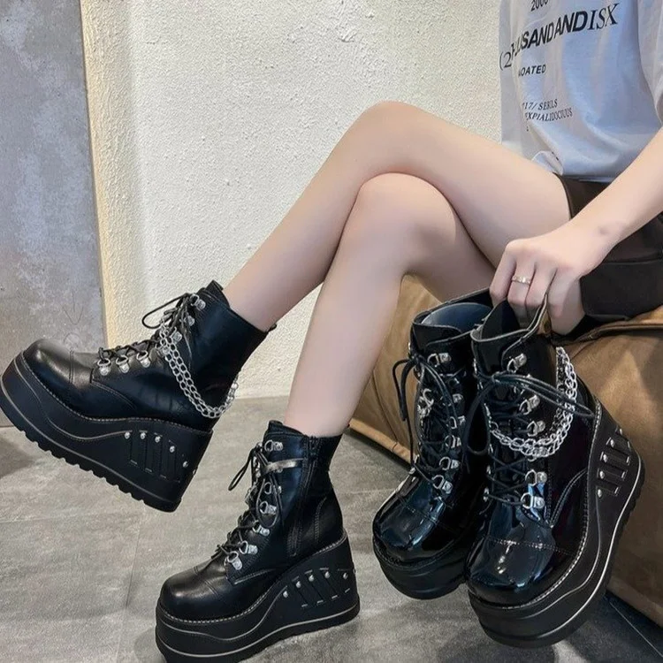 Qengg Qengg New Autumn And Winter Round Head Side Pull Chain Thick Bottom Short Boots Women 43 Large Slope And Martin Boots