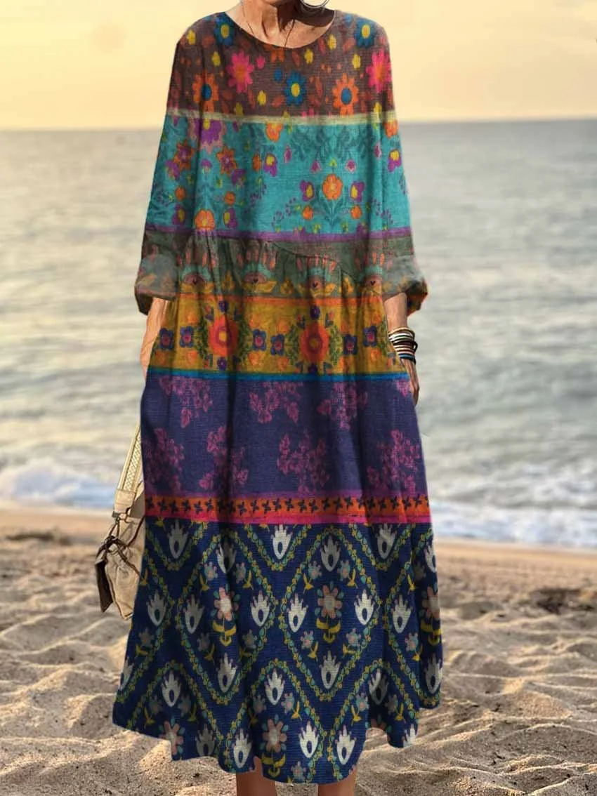 Women's Vintage Floral Patchwork Art Print Pocket Cotton Dress