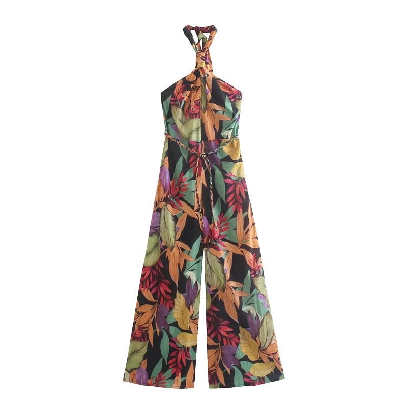 TRAF Women Chic Fashion With Belt Floral Print Jumpsuits Vintage Halter Neck Backless Female Playsuits Mujer