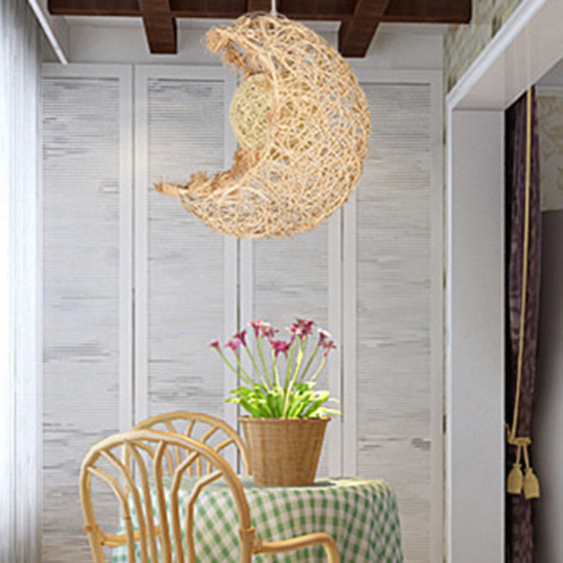 Contemporary Creative Rattan Moon Orb Twine Rope 1-Light Pendant Light For Living Room