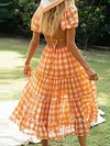 Plaid Print Puff Sleeves Vacation Midi Dress