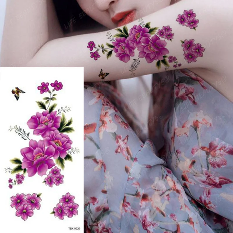 Sdrawing Transfer Pink Henna Rose Flower Temporary Tattoo Sticker Butterfly Pattern Body Art Waterproof Fake Woman's Flash Tattoo