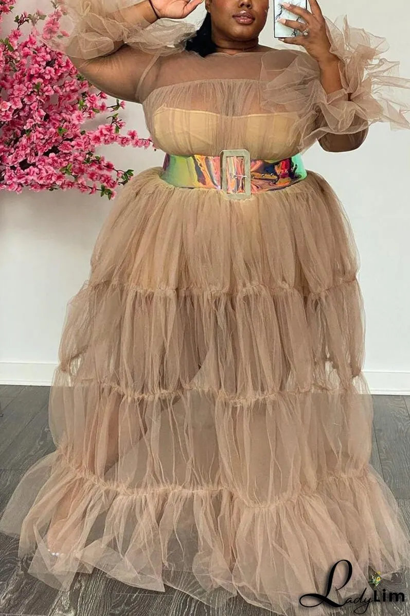 Plus Size Solid Sheer Ruffle Sleeve Maxi Dresses