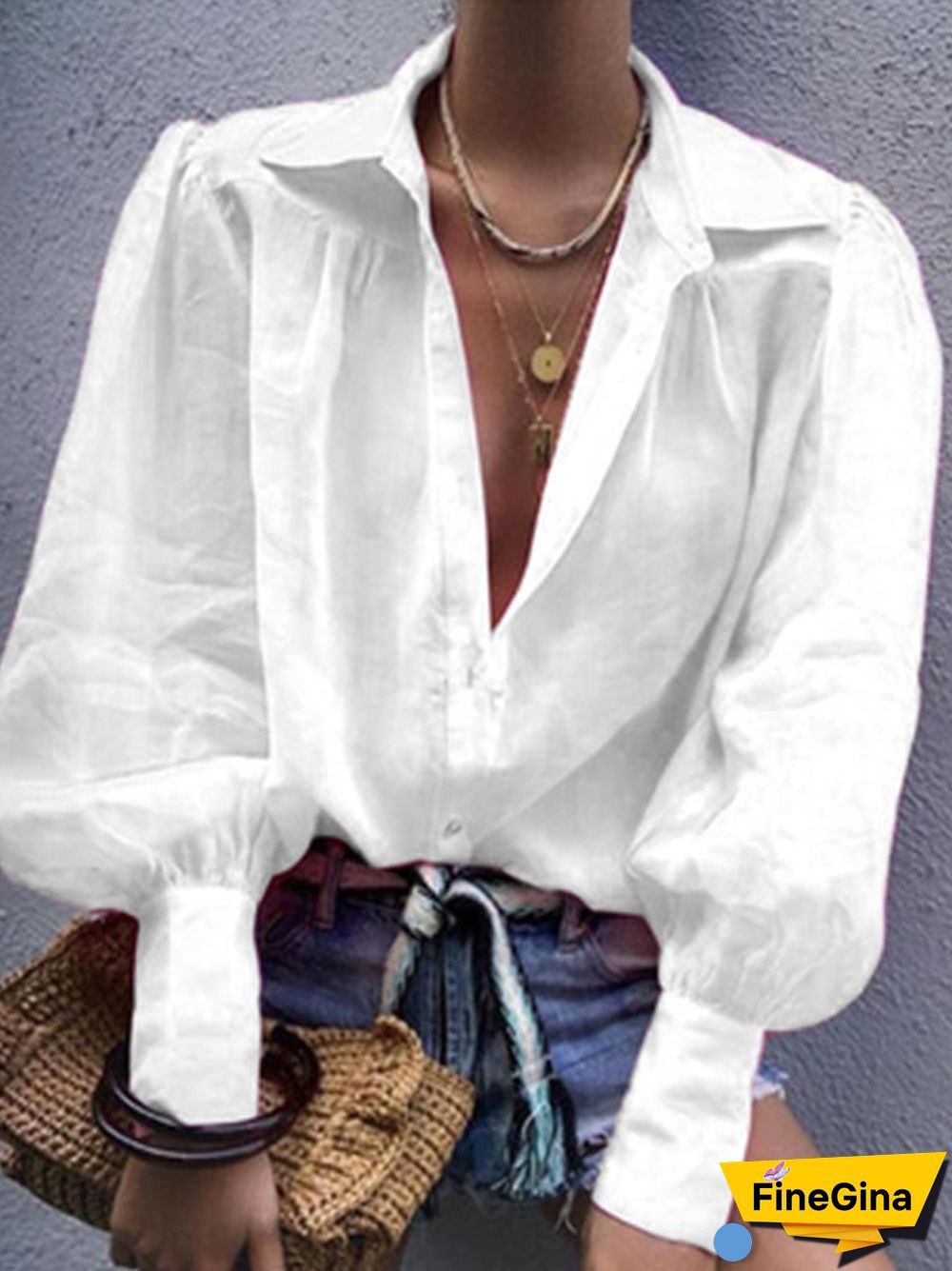 Women's Solid Color Pleated Long Sleeve Shirt