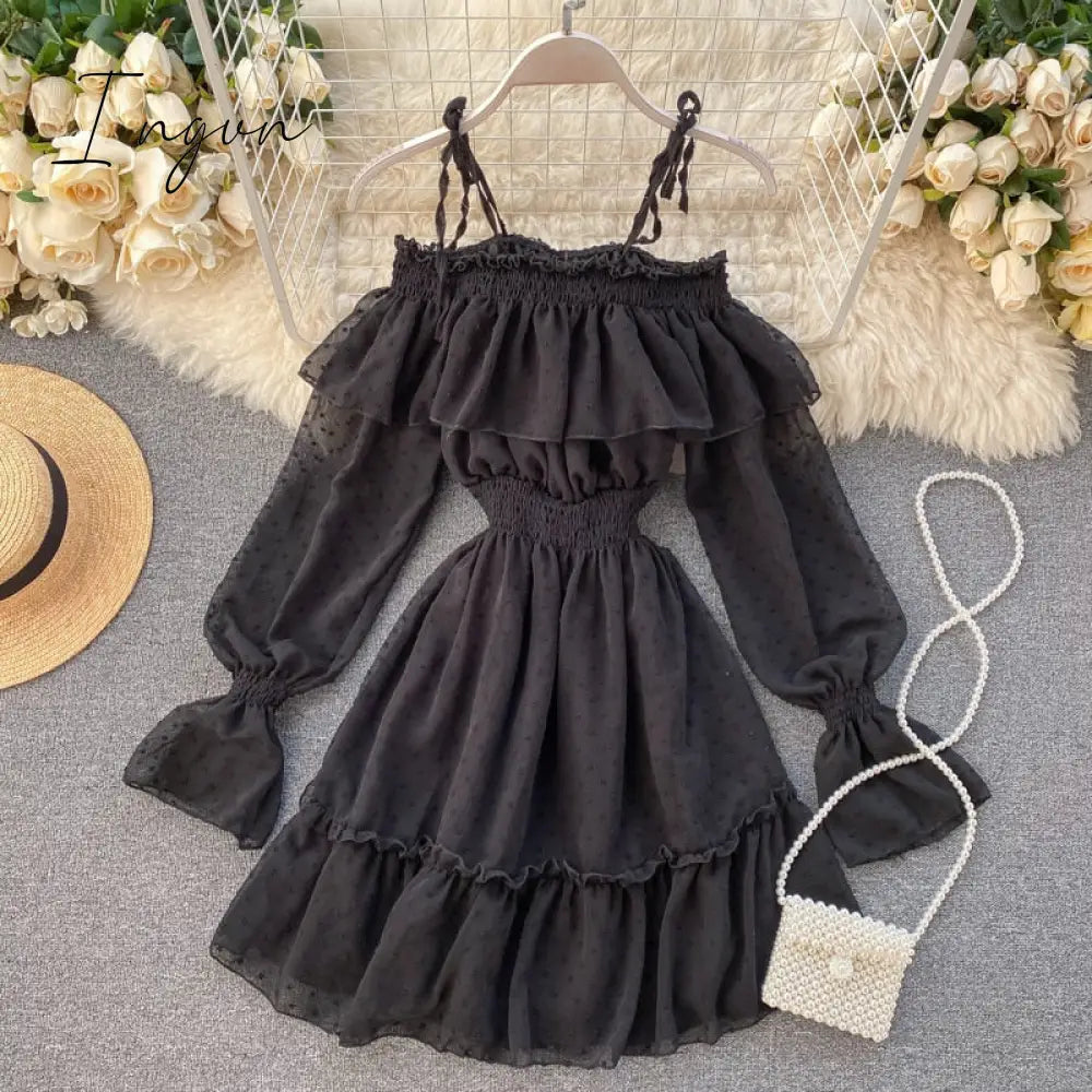 Ingvn - Spring Outfits Sexy Ruffles Summer Off Shoulder Short Dress Spaghetti Strap Party Elastic