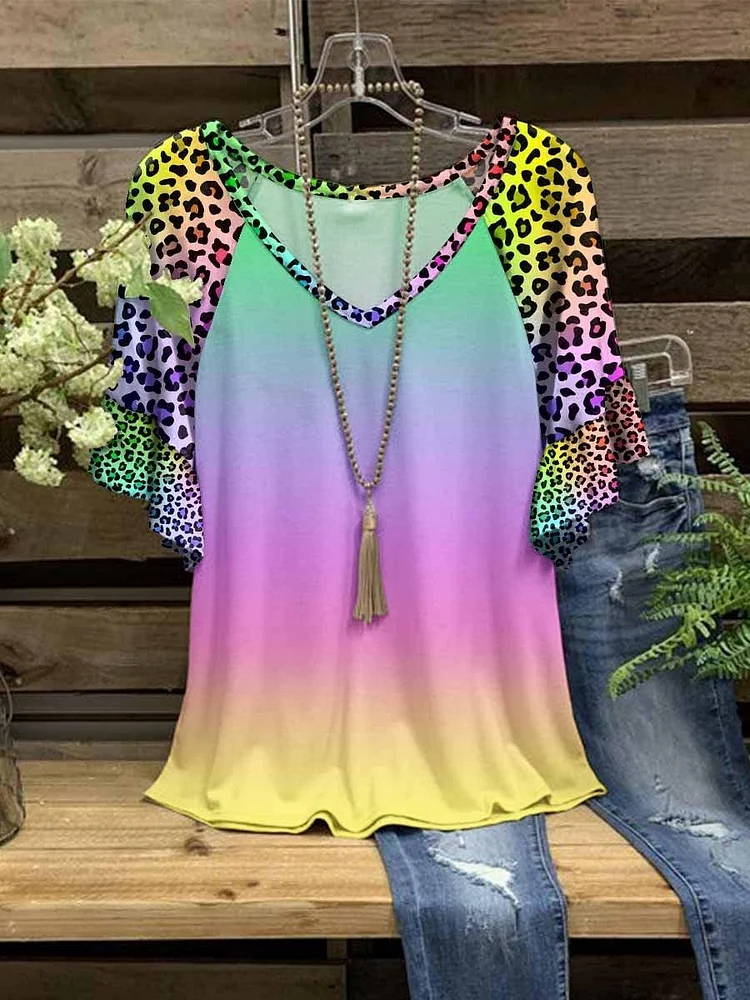 Women's Summer New Multicolor Gradient Leopard Print Loose Short Sleeve Top