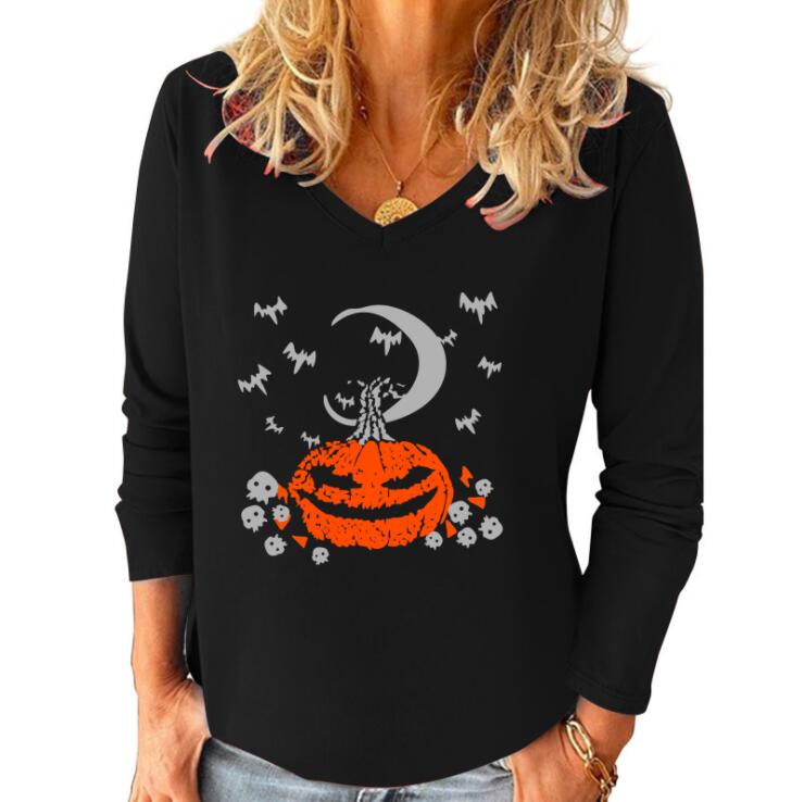 New Autumn Winter Women Basic Top Long Sleeves V-Neck Fashion Halloween Pumpkin Streetwear Popular T-Shirt Funny Female Tees