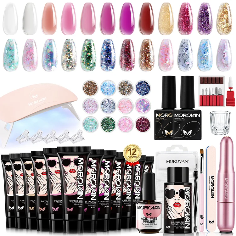 Morovan Poly Nail Gel Kit - 12 Colors Gel with UV Lamp and Nail Drill for Beginners Extension All-In-One Nail Manicure Set DIY Salon at Home