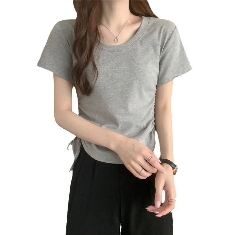 Uveng Uveng Rope Short-Sleeved T-Shirt Women 2024 New Summer Korean Version Design Sense Slim Casual Short Student Jacket Tide