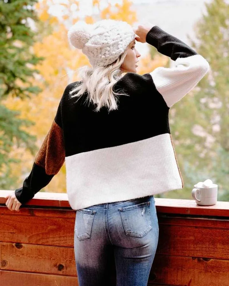Fitshinling Vintage Bohemian Women Sweaters And Pullovers Knitwear Patchwork Slim Long Sleeve Jumper Holiday Slim Sweater Female