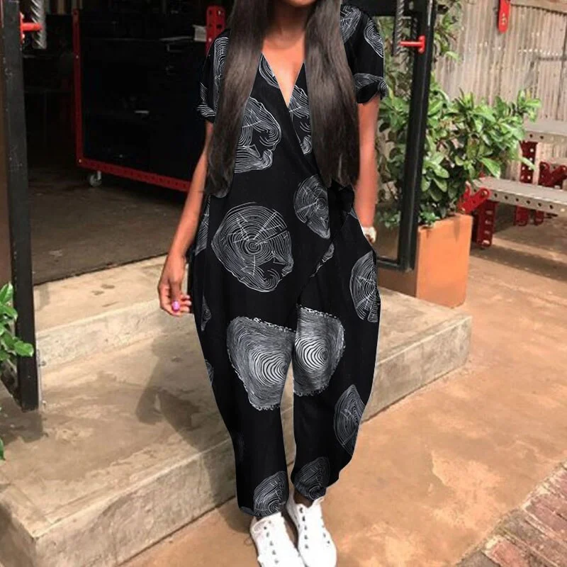 2022 Fashion Summer Rompers ZANZEA Women Jumpsuits Casual Loose V Neck Short Sleeve Overalls Harem Pants Solid Long Playsuits 7