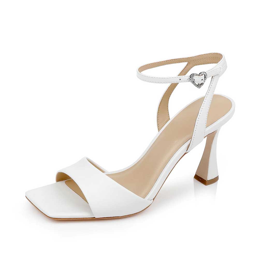 White Vegan Leather Square Toe Ankle Strappy Bridal Sandals for Ladies Nicepairs