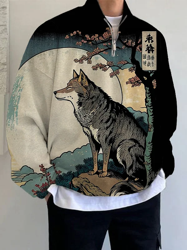 Men's Full Moon Wolf Japanese Art Print Splice Zip Stand Collar Sweatshirt