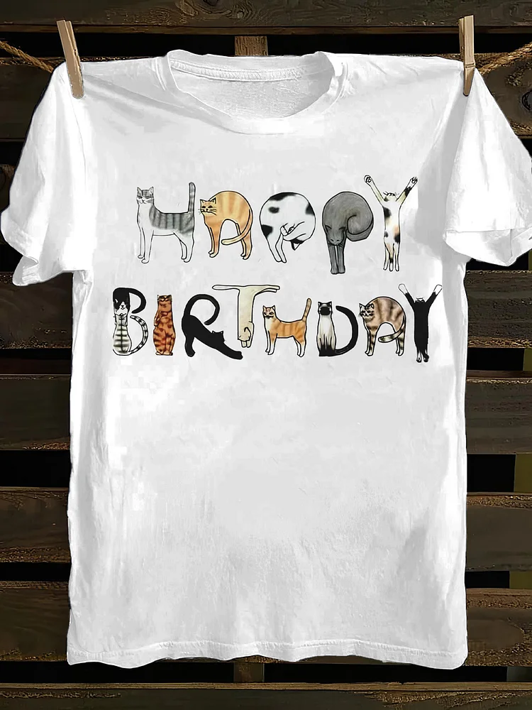 Men's Cat Happy Birthday Print Cotton Casual T-Shirt